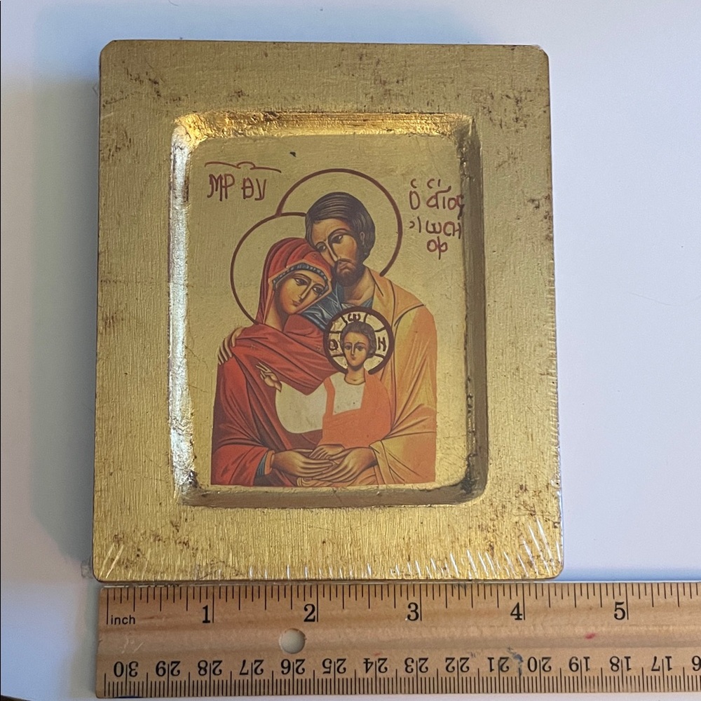 Gold Framed Religious Icon with Red and Cream Figures - Picture 6 of 10
